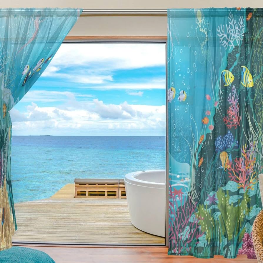 Amazon｜SAMAU ミラーレースカーテン 海洋生物 魚柄 おもしろ レース